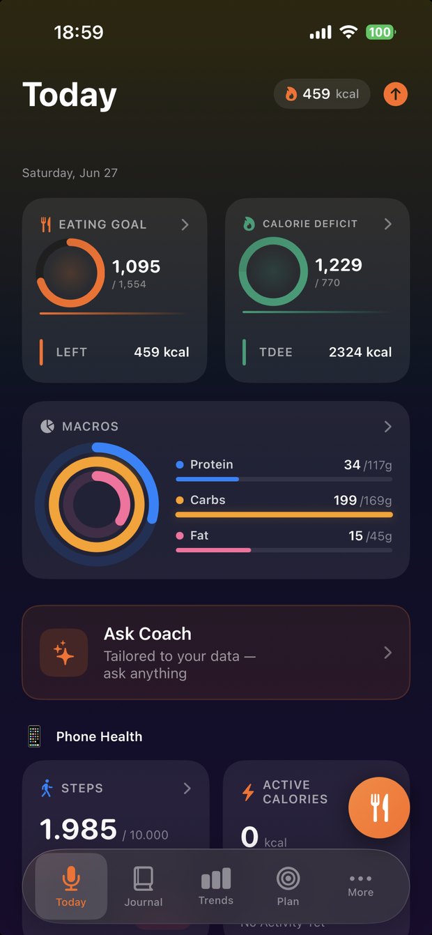 Daily dashboard with calories, macros and Fit Score