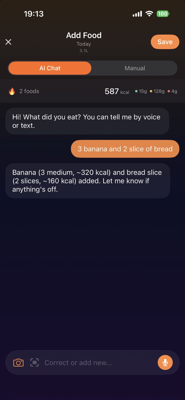Log meals by voice or text and let AI estimate them